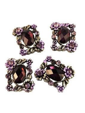Floral Metal & Purple Gem Design Slider Beads Buckles Set Of 4 Rectangle Shape E
